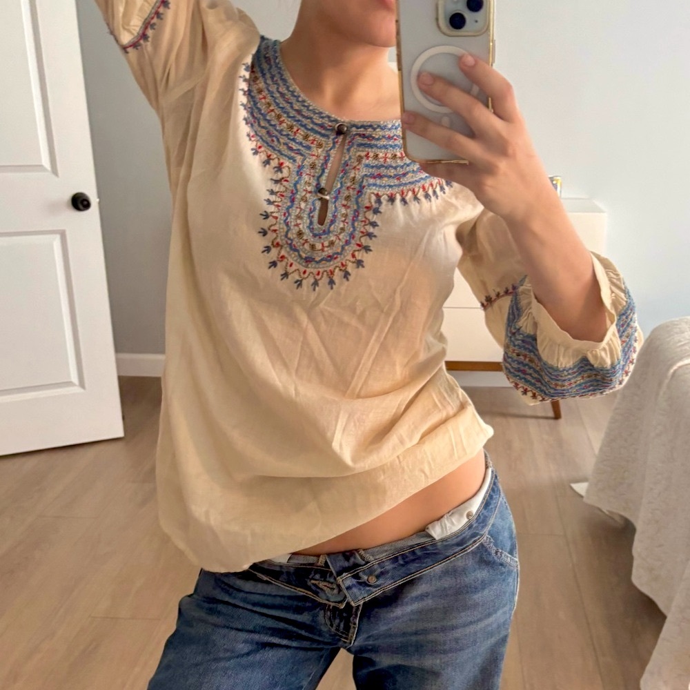 Lucky Brand Cream Blouse with Colorful Embroidery